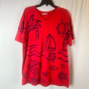 Vintage 1990 All Over Print Graphic Art
Tee single stitched made in U.S.A. Red